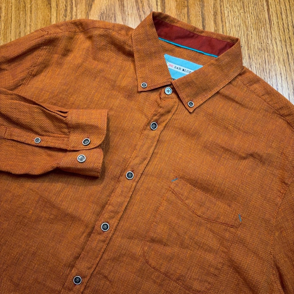 32 Bar Blues Linen Blend Shirt Mens XL Orange Long Sleeve Button Down Textured